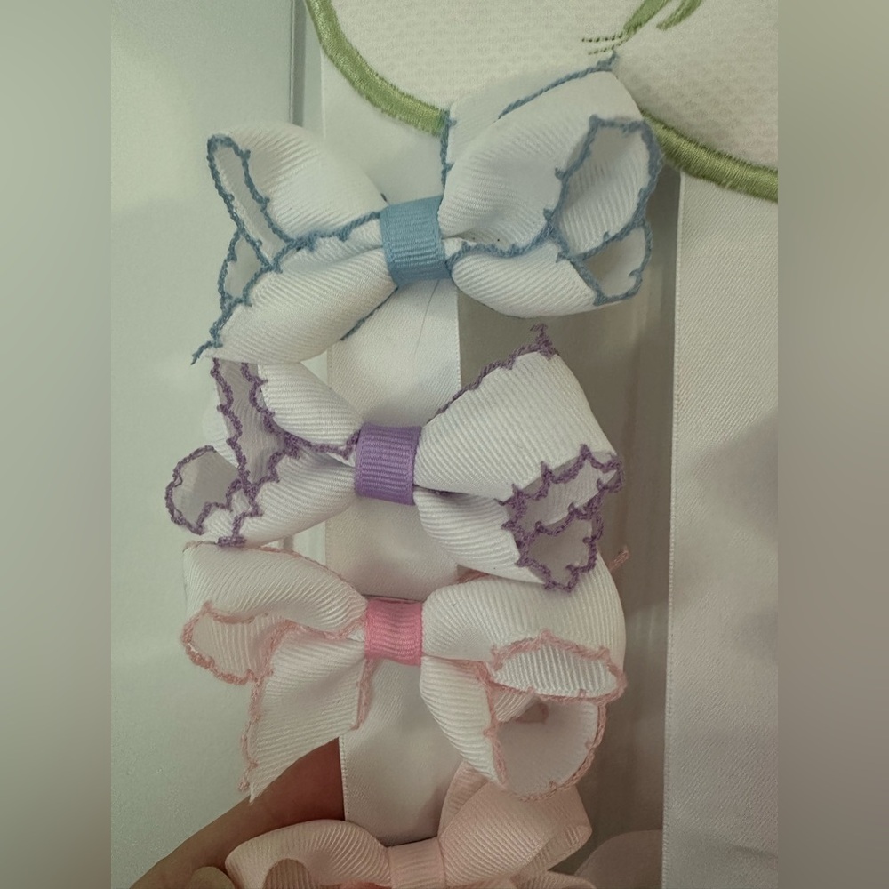 Set of Three Wee Ones White Hair Bows with Colored Moonstich